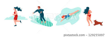 People Character on Beach in Summer Enjoy Outdoor Activity Vector Set 129255897