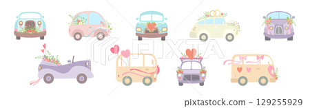 Wedding Car Transport with Flower Bouquet, Ribbon and Heart Vector Set Wedding Car Transport with Flower Bouquet, Ribbon and Heart Vector Set 129255929