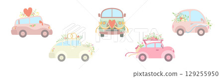 Wedding Car Transport with Flower Bouquet, Ribbon and Heart Vector Set 129255950