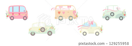 Wedding Car Transport with Flower Bouquet, Ribbon and Heart Vector Set Wedding Car Transport with Flower Bouquet, Ribbon and Heart Vector Set 129255958
