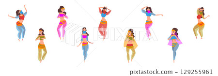 Beautiful Eastern Girls Dancing Belly Dance Vector Set 129255961