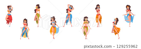 Beautiful Eastern Girls Dancing Belly Dance Vector Set Beautiful Eastern Girls Dancing Belly Dance Vector Set 129255962