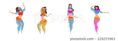 Beautiful Eastern Girls Dancing Belly Dance Vector Set Beautiful Eastern Girls Dancing Belly Dance Vector Set 129255963
