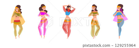 Beautiful Eastern Girls Dancing Belly Dance Vector Set Beautiful Eastern Girls Dancing Belly Dance Vector Set 129255964