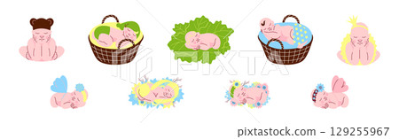 Cute Sleeping Newborn Baby Cuddle and Curled Vector Set 129255967