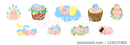Cute Sleeping Newborn Baby Cuddle and Curled Vector Set 129255968