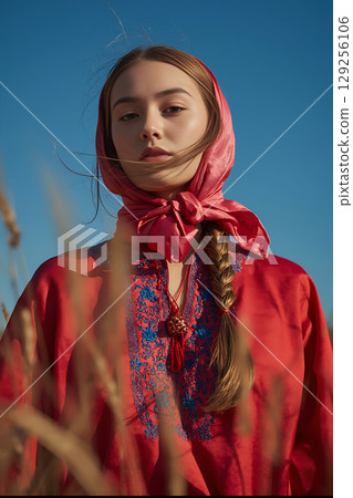 Woman in Traditional Russian Dress in Wheat Field 129256106