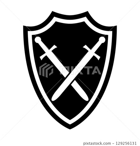 Shield and Crossed Swords Emblem. Silhouette Vector Illustration. Within the shield, two crossed swords create a striking symbol of defense and valor. Shield and Crossed Swords Emblem. Silhouette Vector Illustration. Within the shield, two crossed swords create a striking symbol of defense and valor. 129256131