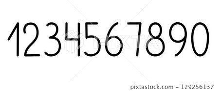 Numbers from zero to nine as a part of alphabet simple black line art vector illustration, calligraphic abc, cute funny decorative handwriting, handwritten numerals, maths symbols 129256137