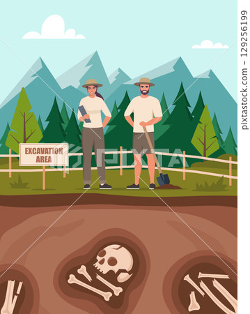 Scene with man and woman archaeologists working on excavation, skeletons of dinosaurs, various ancient object. Vector illustration. Archeology, scientific discoveries. Scene with man and woman archaeologists working on excavation, skeletons of dinosaurs, various ancient object. Vector illustration. Archeology, scientific discoveries. 129256199