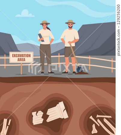 Scene with man and woman archaeologists working on excavation, skeletons of dinosaurs, various ancient object. Vector illustration. Archeology, scientific discoveries. Scene with man and woman archaeologists working on excavation, skeletons of dinosaurs, various ancient object. Vector illustration. Archeology, scientific discoveries. 129256200