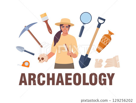 Archaeological tools and finds set. Brushes instruments for excavating historical treasures. Vector illustration. 129256202