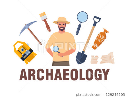 Archaeological tools and finds set. Brushes instruments for excavating historical treasures. Vector illustration. Archaeological tools and finds set. Brushes instruments for excavating historical treasures. Vector illustration. 129256203
