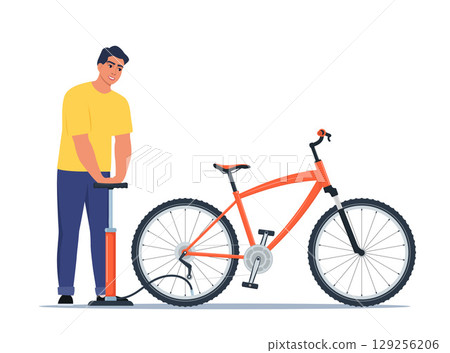 Man pumps a bicycle wheel. Broken wheel needs repair. Bike repair. Vector concept illustration. 129256206