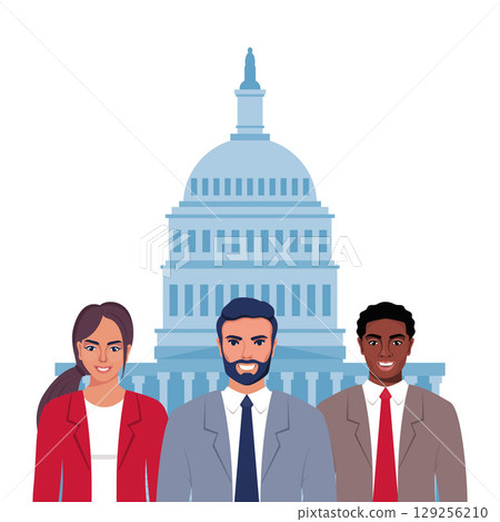 Government officials and national public building workers. Democratic community labor work in federal house. Clever officials at government building and employees. Vector illustration. 129256210