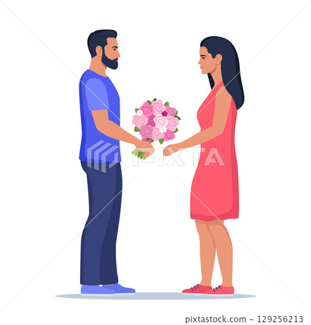 Man gives flowers. Couple on romantic date. Unexpected gift, surprise. Luxury getaway after work with boyfriend. Vector illustration 129256213