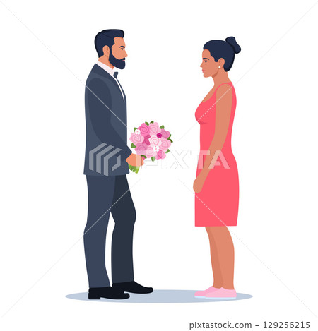 Man gives flowers. Couple on romantic date. Unexpected gift, surprise. Luxury getaway after work with boyfriend. Vector illustration 129256215