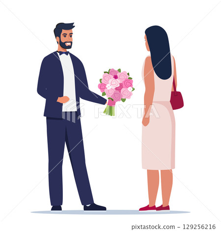 Man gives flowers. Couple on romantic date. Unexpected gift, surprise. Luxury getaway after work with boyfriend. Vector illustration Man gives flowers. Couple on romantic date. Unexpected gift, surprise. Luxury getaway after work with boyfriend. Vector illustration 129256216