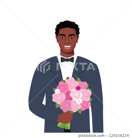 Smiling man holding flower bouquet. Man walk on dating with girl, meet someone. Vector Illustration Smiling man holding flower bouquet. Man walk on dating with girl, meet someone. Vector Illustration 129256224