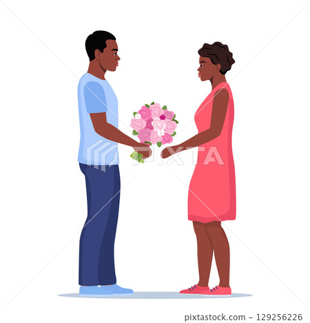 Man gives flowers. Couple on romantic date. Unexpected gift, surprise. Luxury getaway after work with boyfriend. Vector illustration 129256226