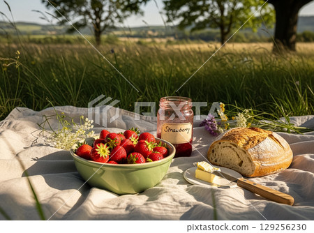 Strawberry Picnic in Open Field with Fresh Bread 129256230