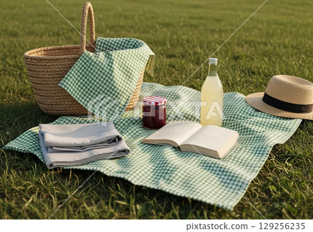 Gingham Picnic with Jam, Lemonade, and Book 129256235