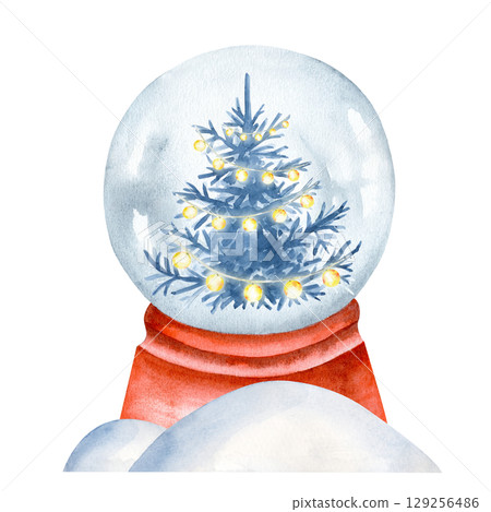 A Christmas snow globe with a Christmas tree and a garland in a snowdrift of white snow. Festive watercolor illustration on a white isolated background. 129256486