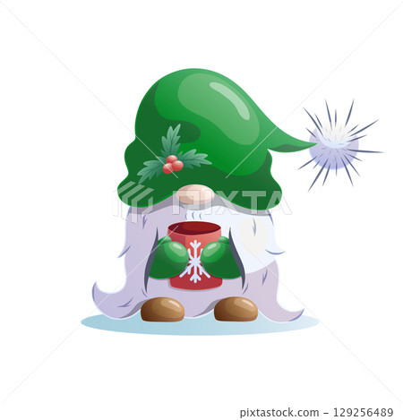 Christmas elf gnome holding warm drink in red cup, vector illustration 129256489