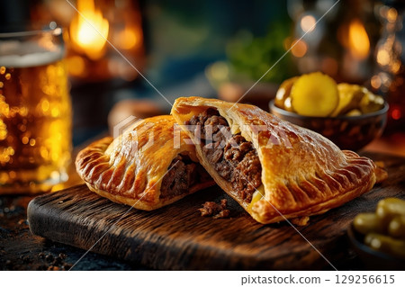 Cornish Pasty Cut Open Beside Pickles, Ale, and Rustic Slate Wall 129256615
