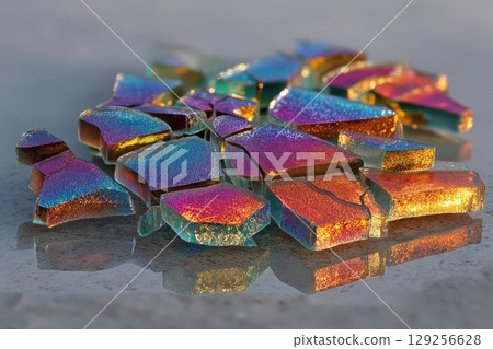 Scattered Mirror Fragments Reflect Light in a Chaotic Abstract Composition 129256628