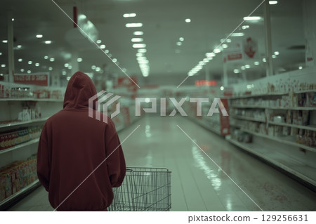 Man in Hoodie Walks Through Empty Grocery Aisles Beneath Cold Fluorescent Lights Man in Hoodie Walks Through Empty Grocery Aisles Beneath Cold Fluorescent Lights 129256631