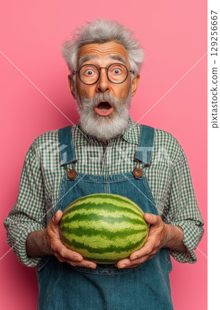 Shocked senior man holding ripe watermelon in vivid summer garden setting 129256667