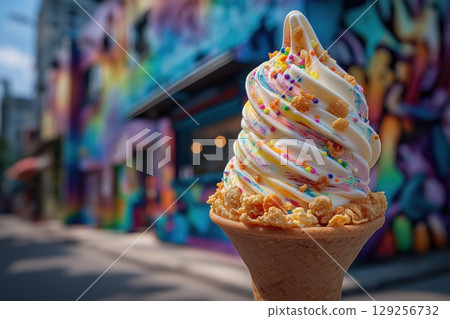 Cereal milk soft serve cone covered in sprinkles, cafe mural backdrop 129256732
