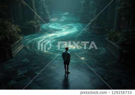 Cracked marble floor reveals hidden worlds below unnoticed by figure above 129256733