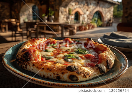 Pizza Napoletana fresh from wood-fired oven in sunlit rustic Italian setting 129256734