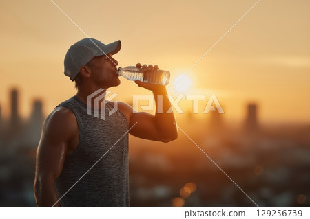 Post-jog hydration moment with golden light over urban skyline background Post-jog hydration moment with golden light over urban skyline background 129256739