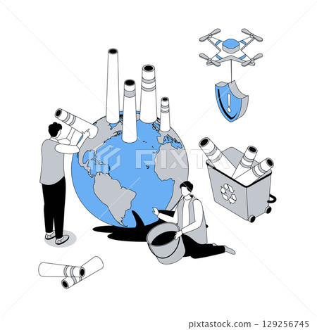Ecology 3d isometric concept with isometry people design for web. Eco friendly volunteers trying to stop of industry emissions and pollution, recycling waste, protecting nature. Vector illustration 129256745