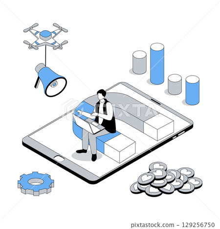 Digital marketing 3d isometric concept with isometric people design for web. Man with magnet making online advertising campaign, analyzing charts and attracting new audience. Vector illustration 129256750