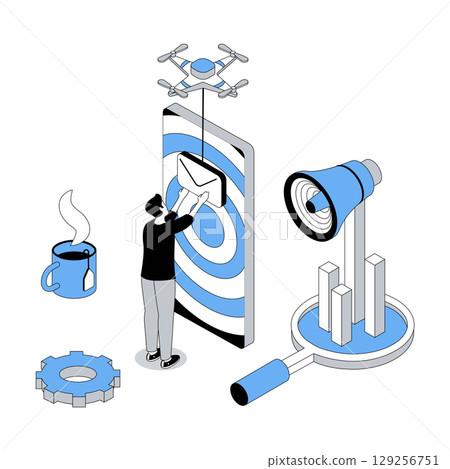 Digital marketing 3d isometric concept with isometric people design for web. Man with megaphone making online advertising campaign, creating promo mailing with brand announcement. Vector illustration 129256751