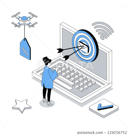 Digital marketing 3d isometric concept with isometric people design for web. Woman making advertising campaign and targeting audience, creating promo mailing with sale offers. Vector illustration 129256752