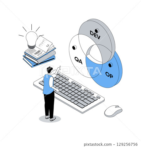 DevOps 3d isometric concept with isometry people design for web. Administrator working in agile coding operation practice, project communication, products development cycle. Vector illustration DevOps 3d isometric concept with isometry people design for web. Administrator working in agile coding operation practice, project communication, products development cycle. Vector illustration 129256756
