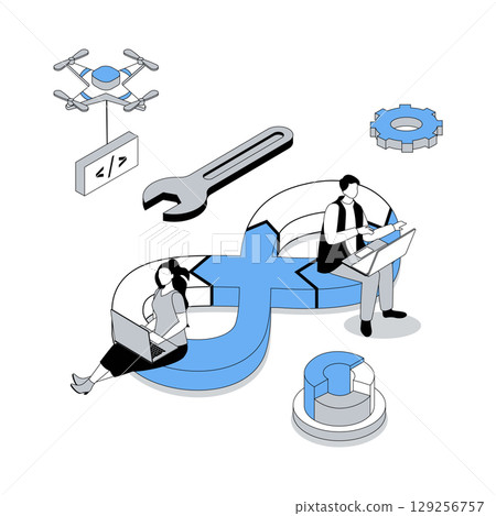DevOps 3d isometric concept with isometry people design for web. Team programming software with agile coding operation practice, infrastructure maintenance, project communication. Vector illustration 129256757