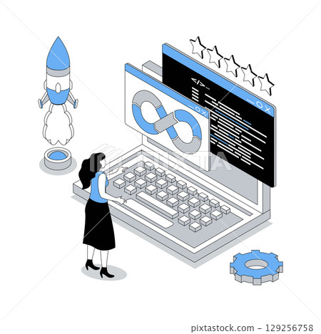 DevOps 3d isometric concept with isometry people design for web. Woman programming and developing software, working in team, infrastructure maintenance and project communication. Vector illustration 129256758