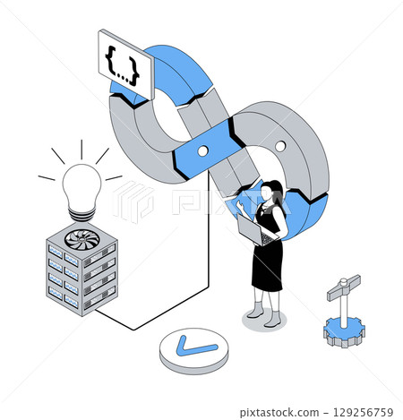 DevOps 3d isometric concept with isometry people design for web. Administrator monitoring products development, development operations technology, agile coding operation, teamwork. Vector illustration 129256759