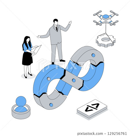 DevOps 3d isometric concept with isometry people design for web. Team programming and working, using agile coding operation and administration in products development cycle. Vector illustration 129256761