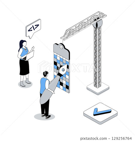 Designer studio 3d isometric concept with isometry people design for web. Illustrators team drawing digital content with pencil, working with colours swatch, coding software. Vector illustration 129256764