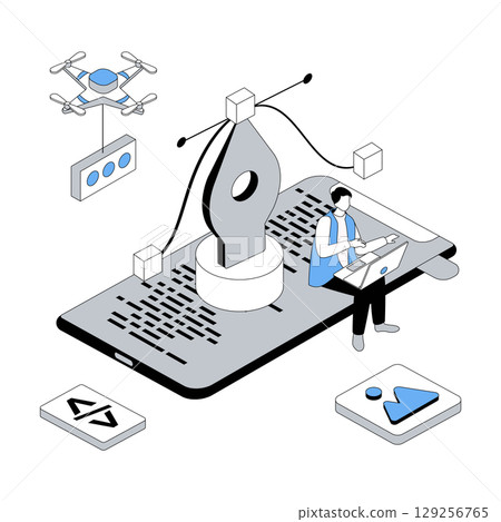 Designer studio 3d isometric concept with isometry people design for web. Visual artist drawing digital content, coding and programming application, working with inspiration. Vector illustration 129256765