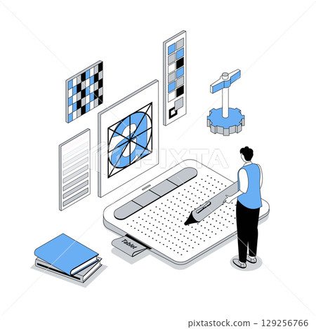 Designer studio 3d isometric concept with isometry people design for web. Illustrator drawing digital content with stylus on graphic tablet, selecting colours swatch to project. Vector illustration 129256766