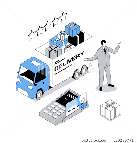 Delivery service 3d isometric concept with isometry people design for web. Client making online shopping in global internet stores, ordering gifts and using truck shipping. Vector illustration 129256771