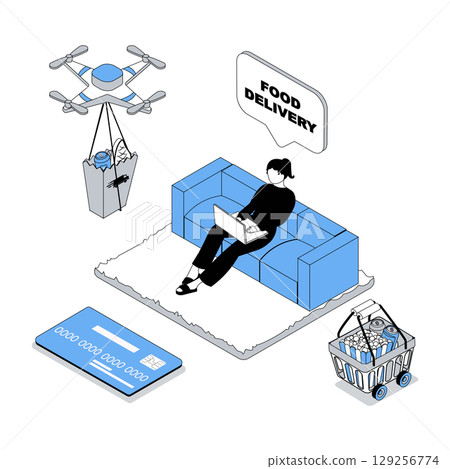 Delivery service 3d isometric concept with isometry people design for web. Client ordering food and making payment with credit card, receiving parcel box from flying drone courier. Vector illustration Delivery service 3d isometric concept with isometry people design for web. Client ordering food and making payment with credit card, receiving parcel box from flying drone courier. Vector illustration 129256774